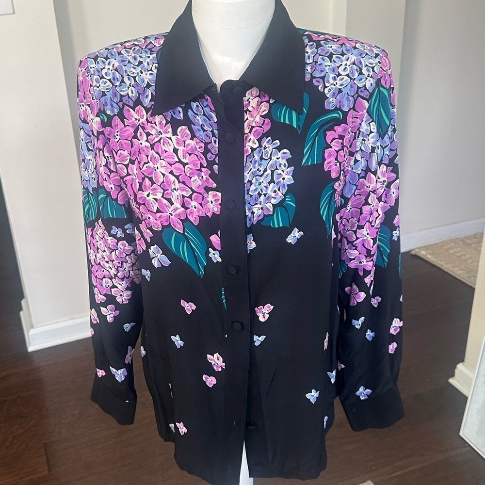 Bob Mackie Wearable Art Black Floral Silk Button-Up Blouse XS